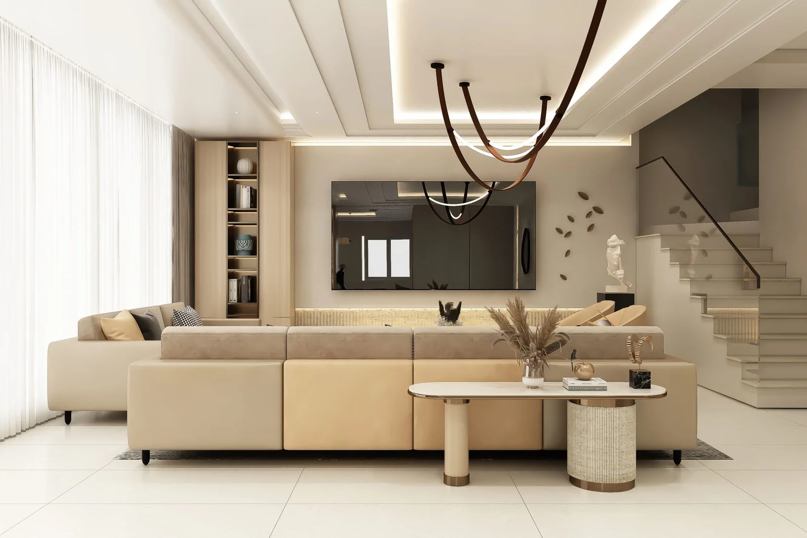Phòng khách hiện đại rộng rãi nổi bật với ghế sofa màu be, hệ đèn trang trí thời thượng cùng các phụ kiện trang nhã. | Thiết kế nội thất 24