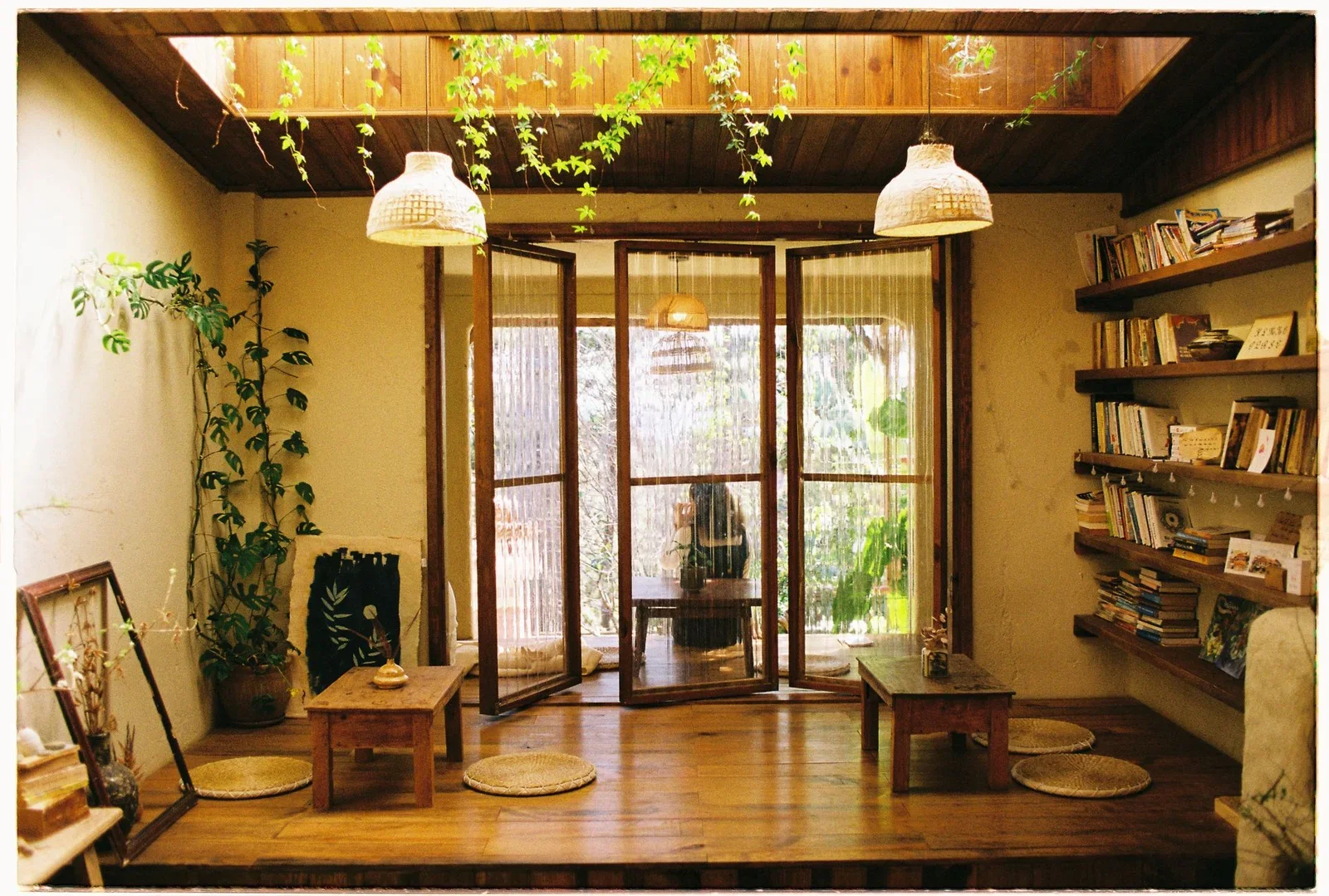 Warm room with wooden decor, bookshelves, and indoor plants. | Thiết kế nội thất 24