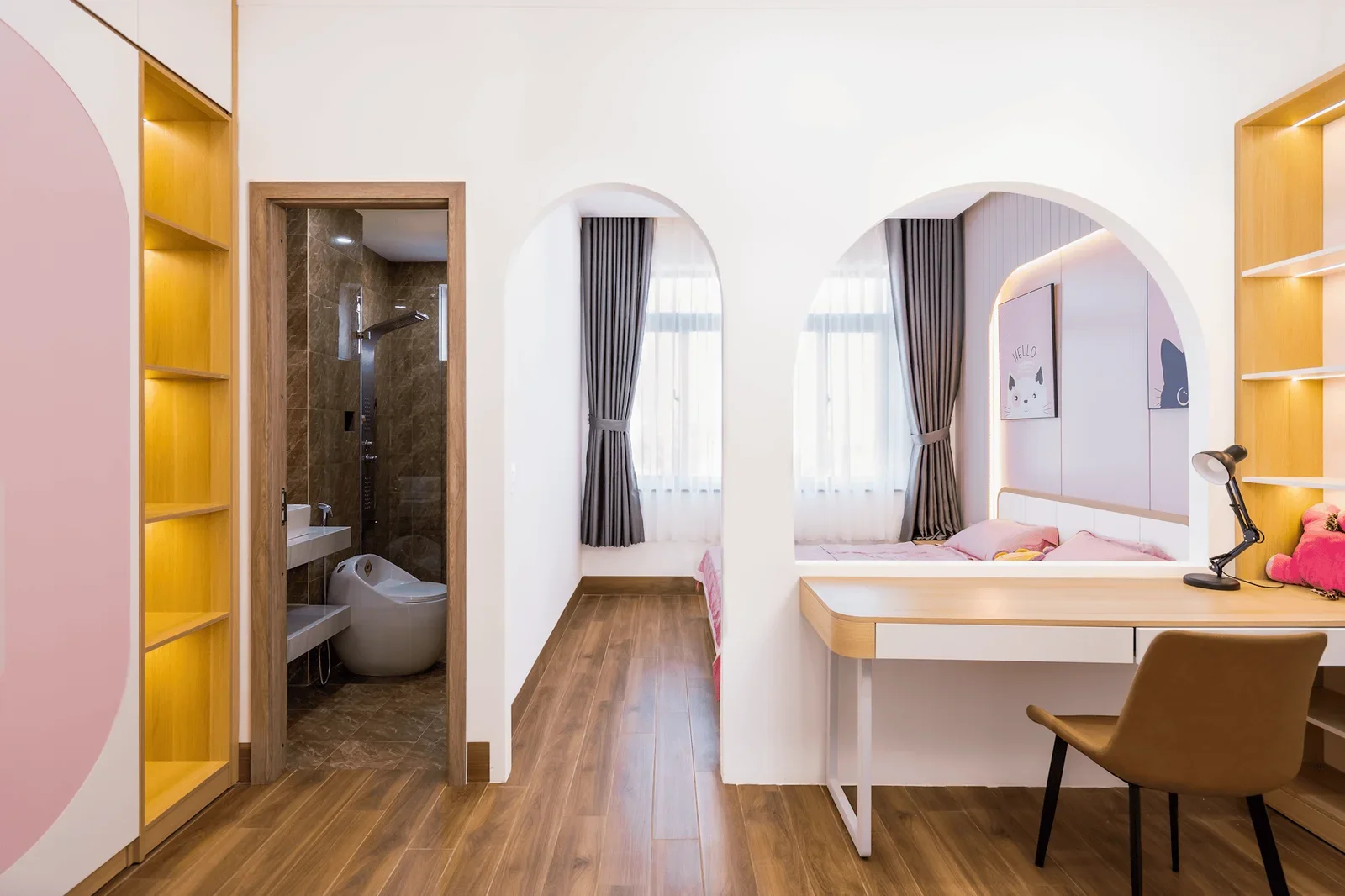 Stylish bedroom with pink and white decor featuring an elega | Thiết kế nội thất 24