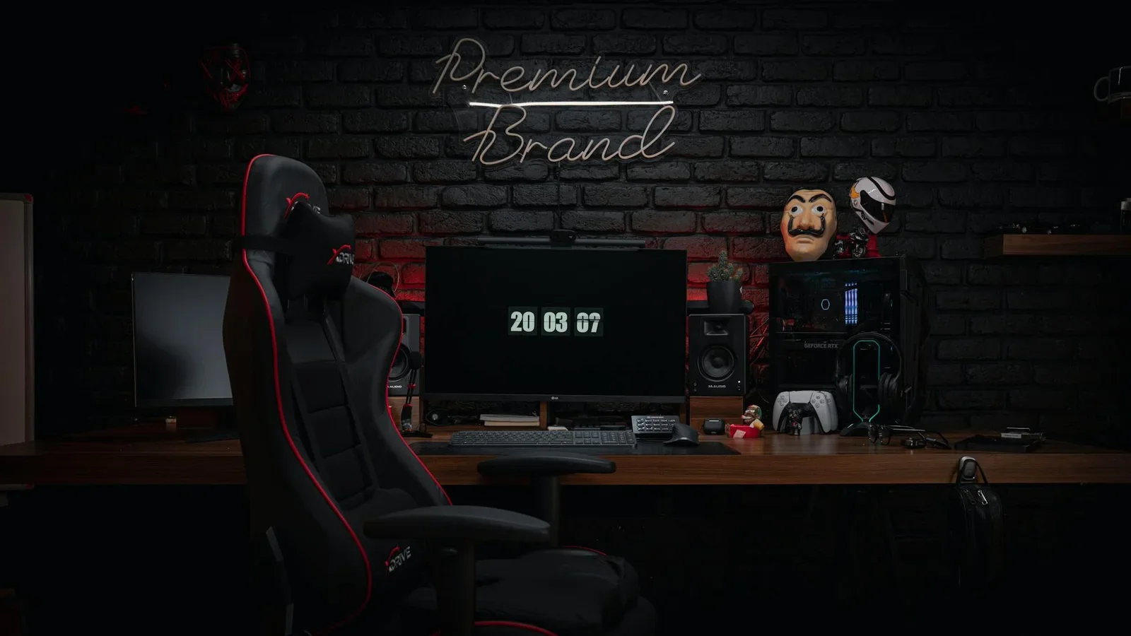 Thiết kế phòng ngủ gaming phong cách industrial, ấn tượng với tường gạch đen, ghế chơi game chuyên dụng và dàn màn hình hiện đại. | Thiết kế nội thất 24