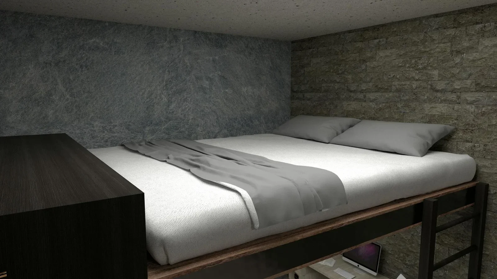 A cozy, minimalist bed with stone wall accent in a modern in | Thiết kế nội thất 24