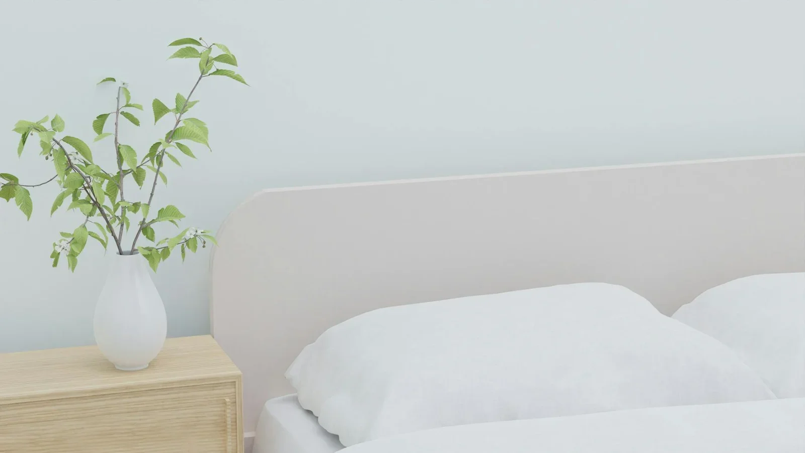 Soft and serene bedroom featuring white bedding and a vase w | Thiết kế nội thất 24
