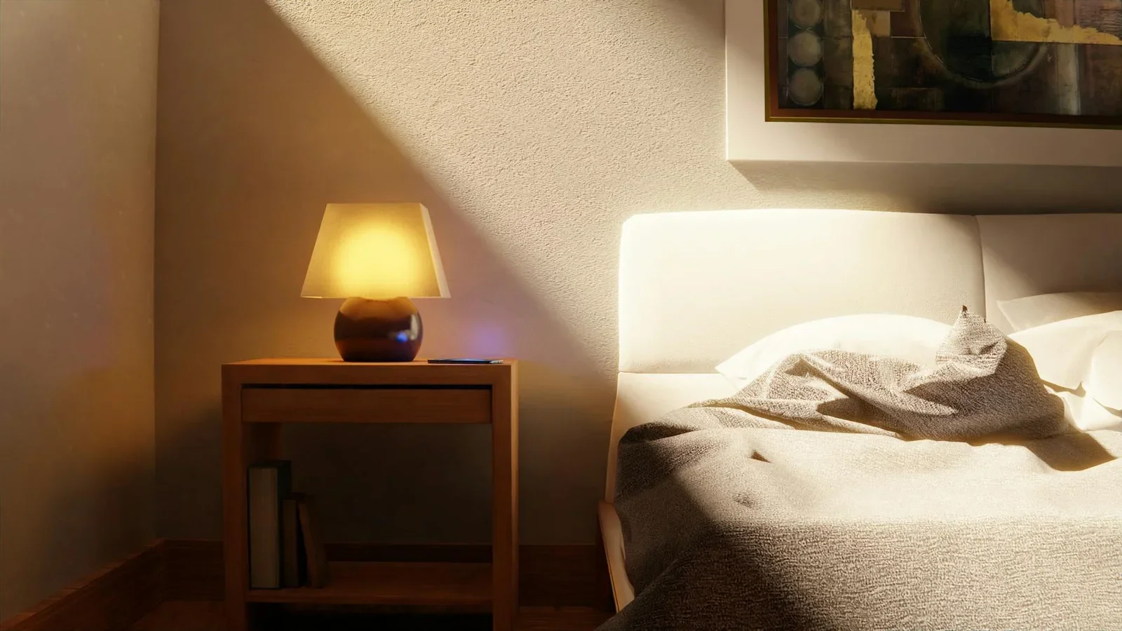 Warm and inviting bedroom interior with a bedside lamp and a | Thiết kế nội thất 24