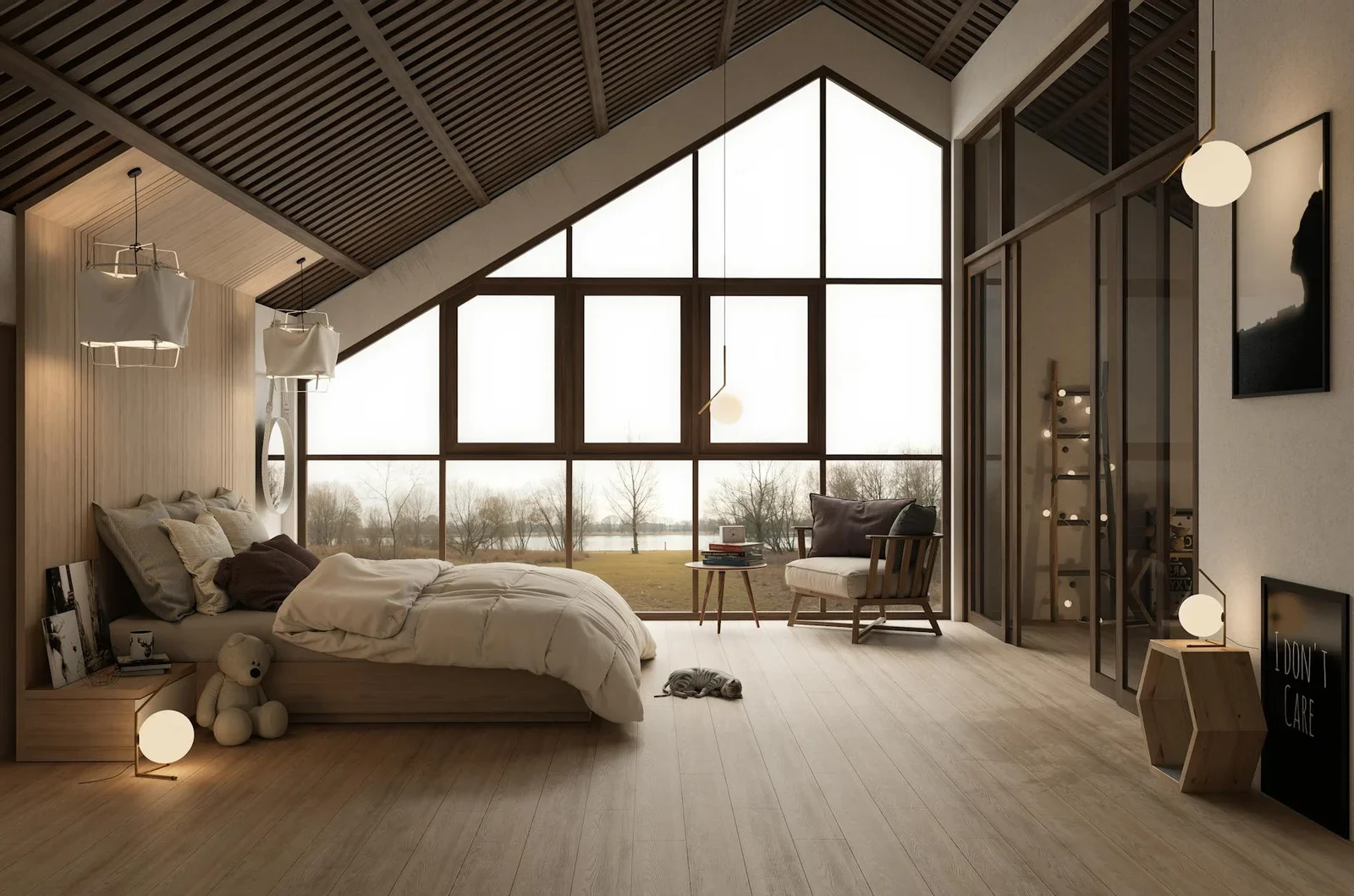A warm, modern bedroom featuring a large window with serene  | Thiết kế nội thất 24