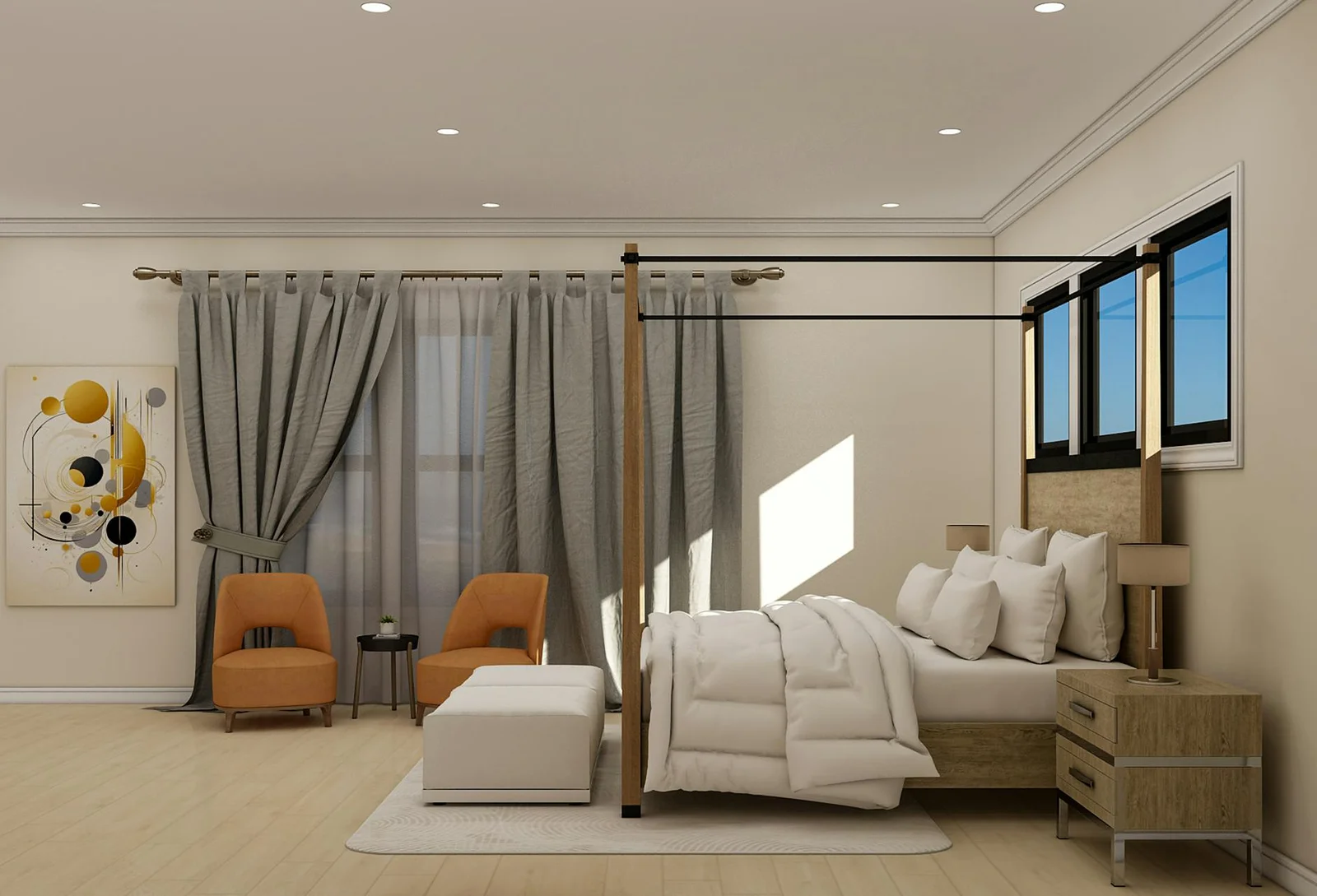 Phòng ngủ hiện đại thanh lịch trưng bày ghế ngồi êm ái, decor tối giản cùng giường mui thuyền và ánh sáng vàng ấm áp. | Thiết kế nội thất 24
