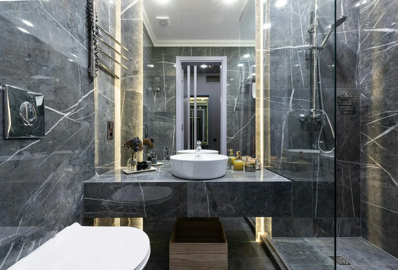 Interior of contemporary spacious bathroom with black tiled  | Thiết kế nội thất 24