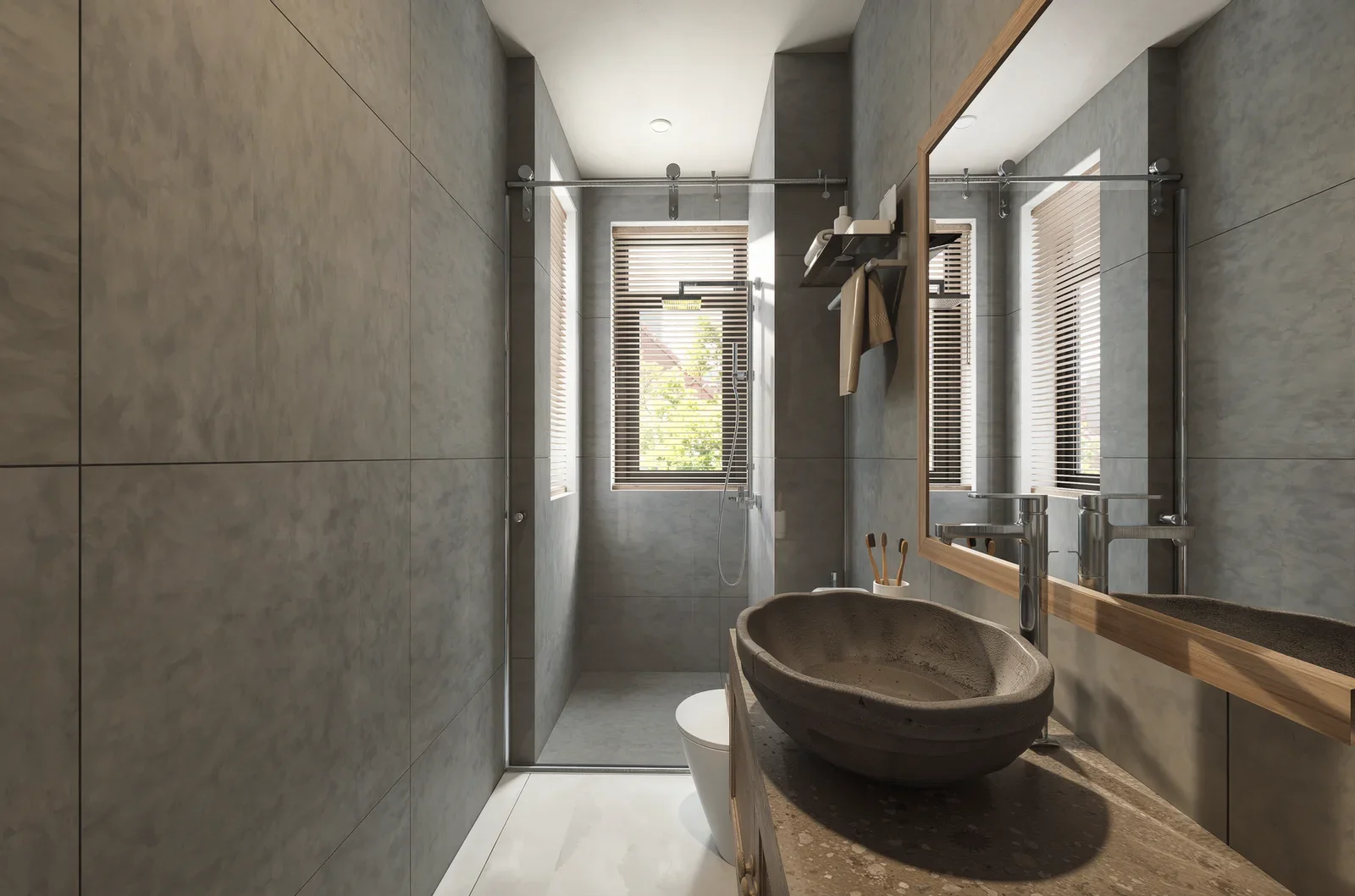 Stylish bathroom featuring stone sink, glass shower, and nat | Thiết kế nội thất 24