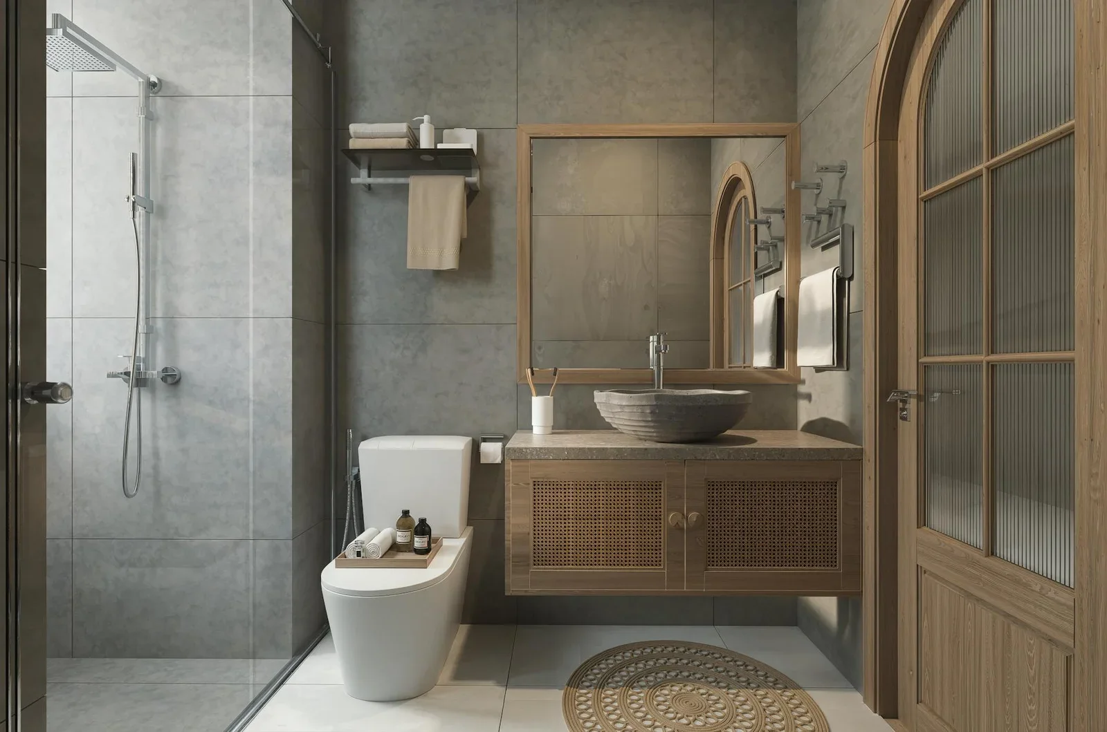 Elegant bathroom with wooden accents and modern fixtures for | Thiết kế nội thất 24