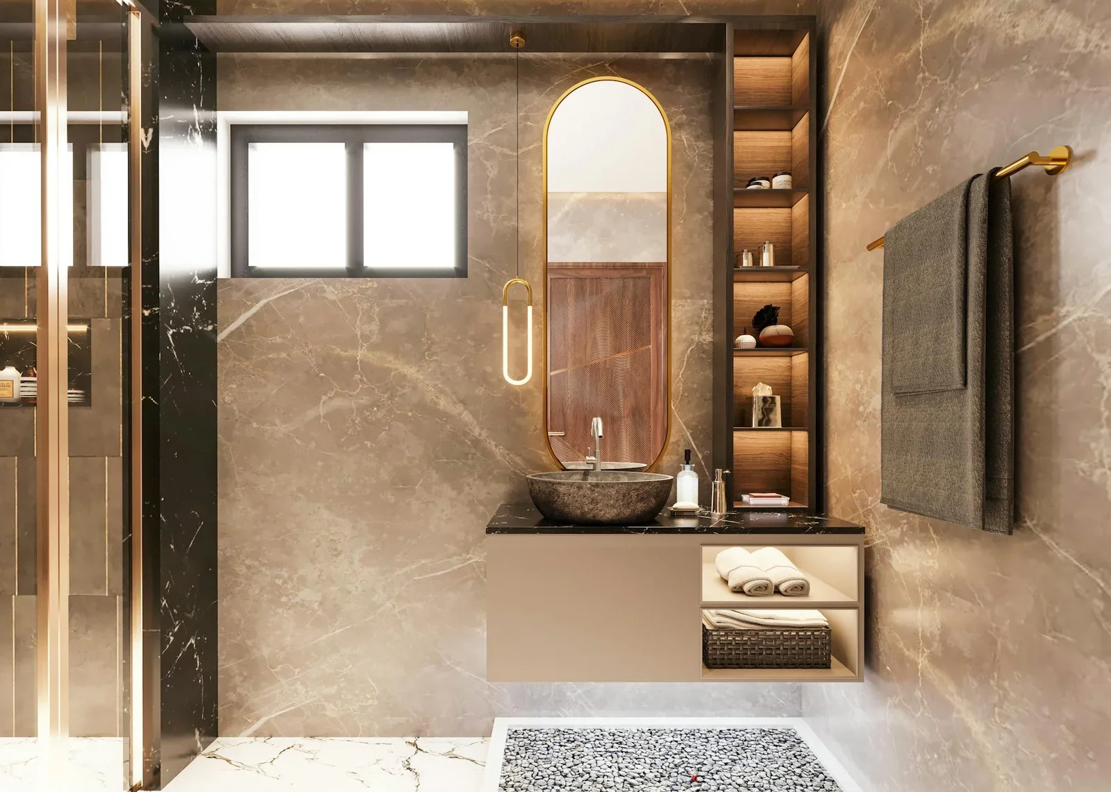 Elegant bathroom featuring marble finish, oval mirror, and s | Thiết kế nội thất 24