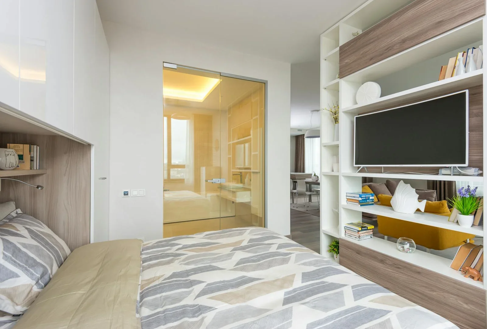 Interior of light cozy bedroom with open plan living room be | Thiết kế nội thất 24