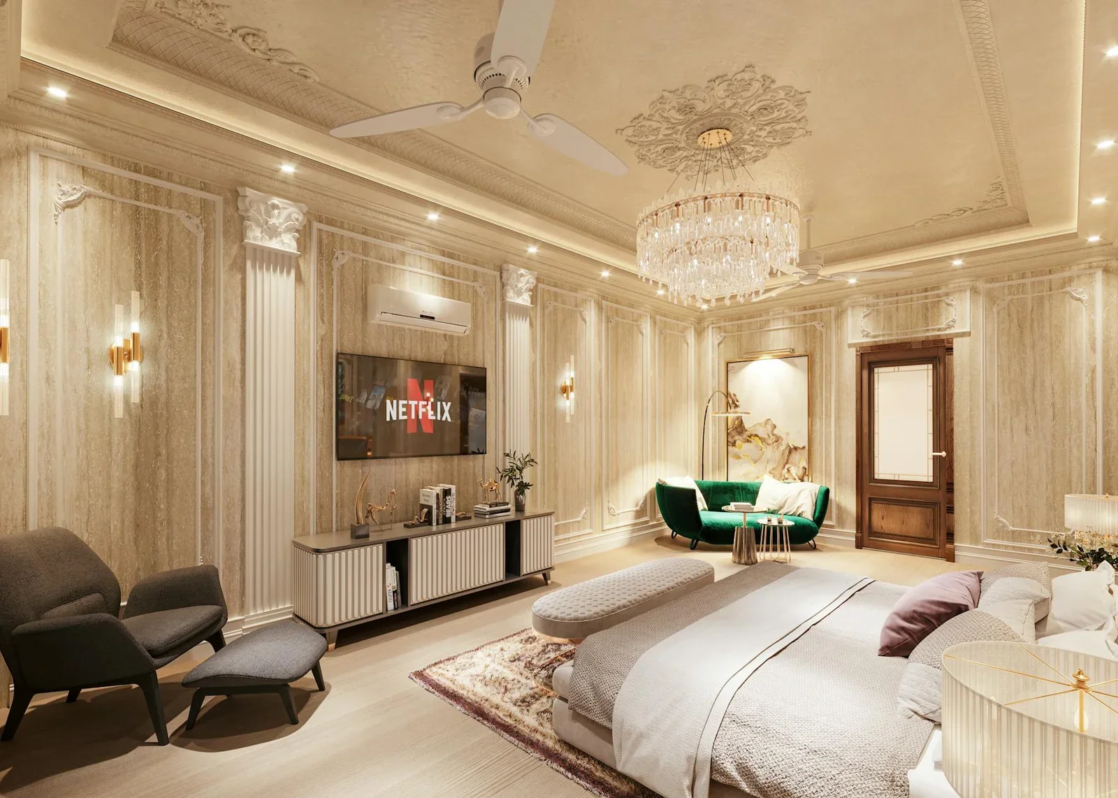 Spacious luxury bedroom interior with elegant decor, crystal | Thiết kế nội thất 24