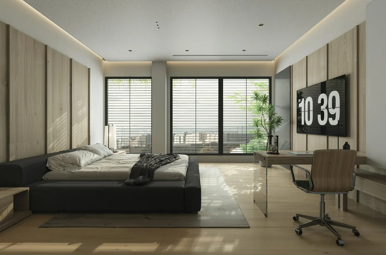 Sleek modern bedroom featuring a city view, minimalistic des | Thiết kế nội thất 24
