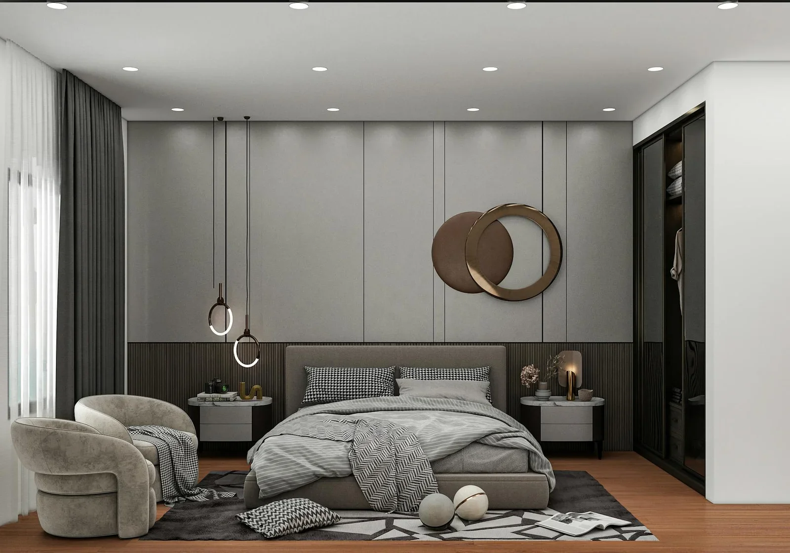 A sleek modern bedroom featuring minimalist decor with neutr | Thiết kế nội thất 24