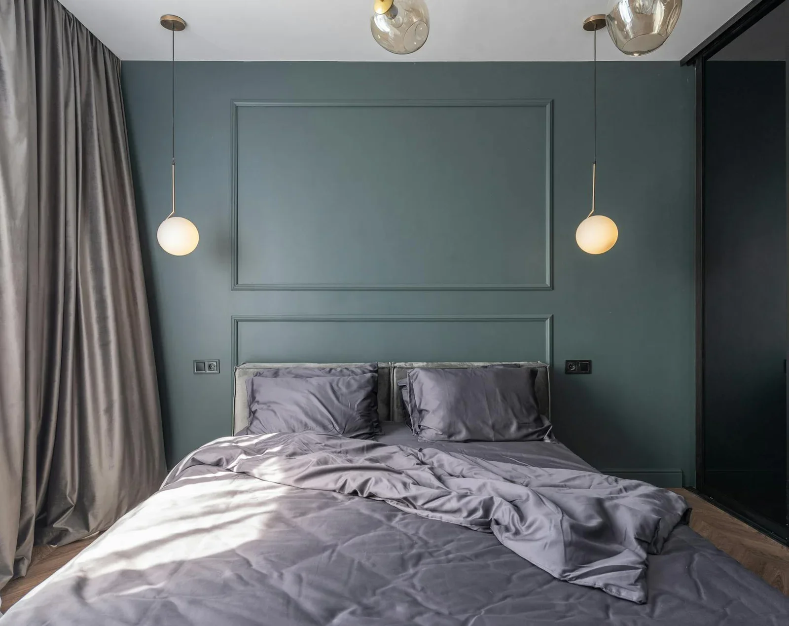 Interior design of modern bedroom with unmade bed under lumi | Thiết kế nội thất 24