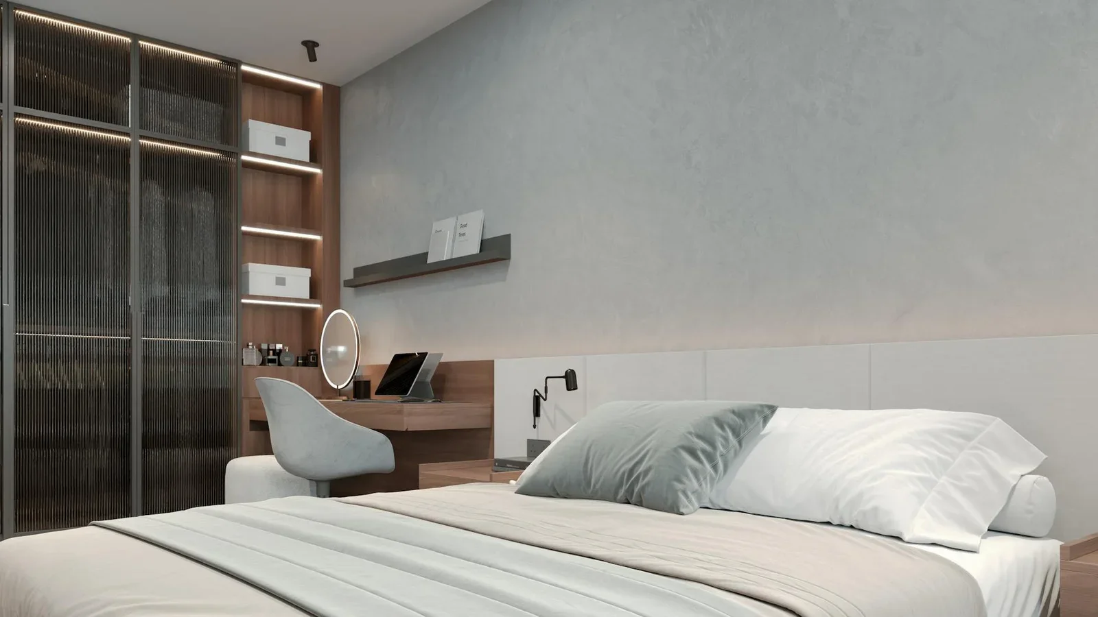 Contemporary bedroom featuring a minimalist desk and elegant | Thiết kế nội thất 24
