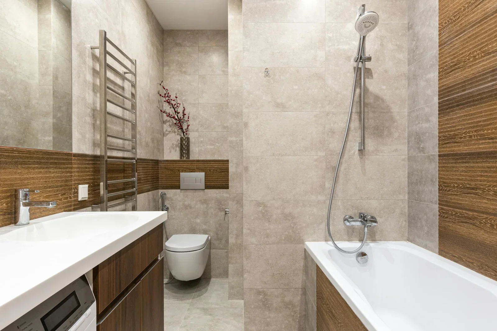Sleek bathroom design featuring a bathtub, shower, and moder | Thiết kế nội thất 24