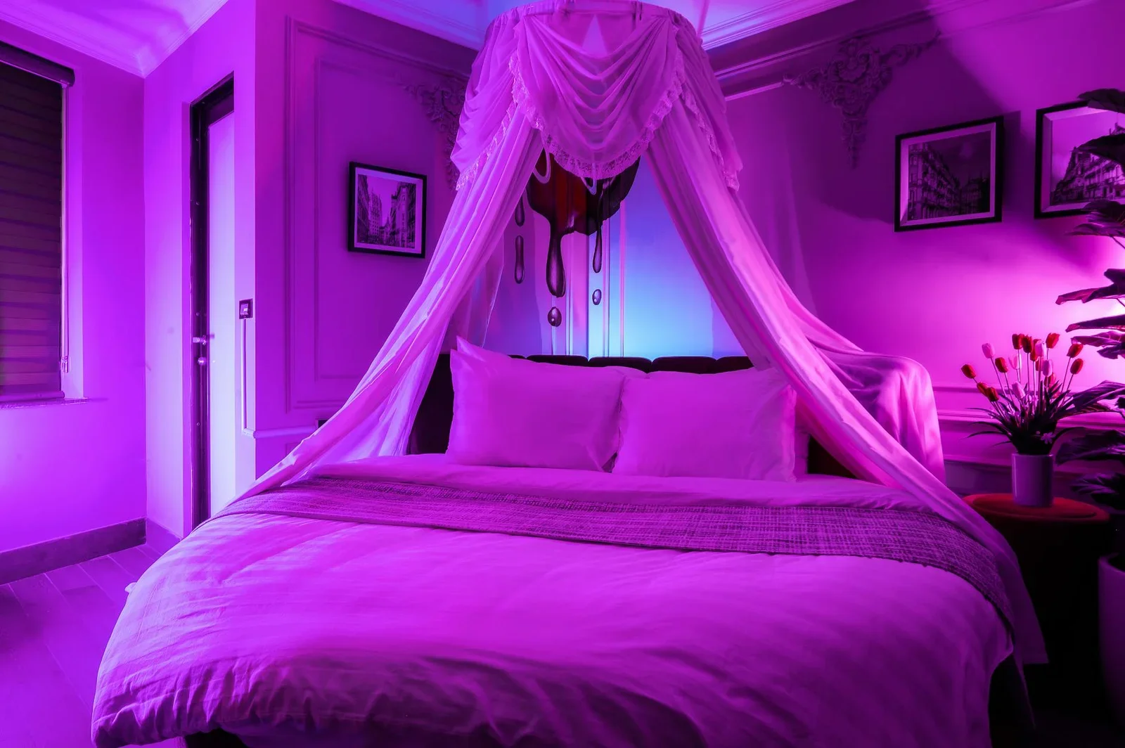 Giường canopy thanh lịch hòa quyện cùng ánh sáng tím dịu dàng, kiến tạo góc nghỉ ngơi ấm cúng và tràn đầy cảm hứng. | Thiết kế nội thất 24
