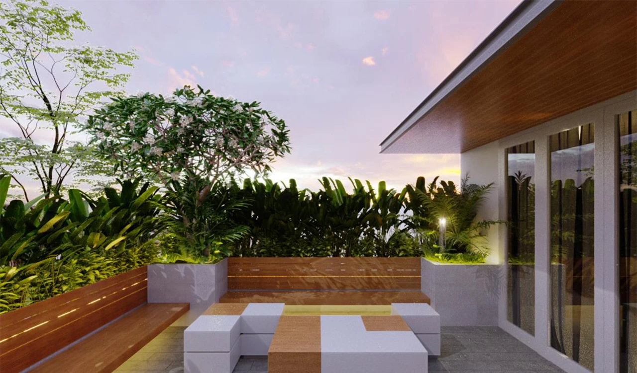 Không gian sân thượng hiện đại với ghế gỗ và cây xanh