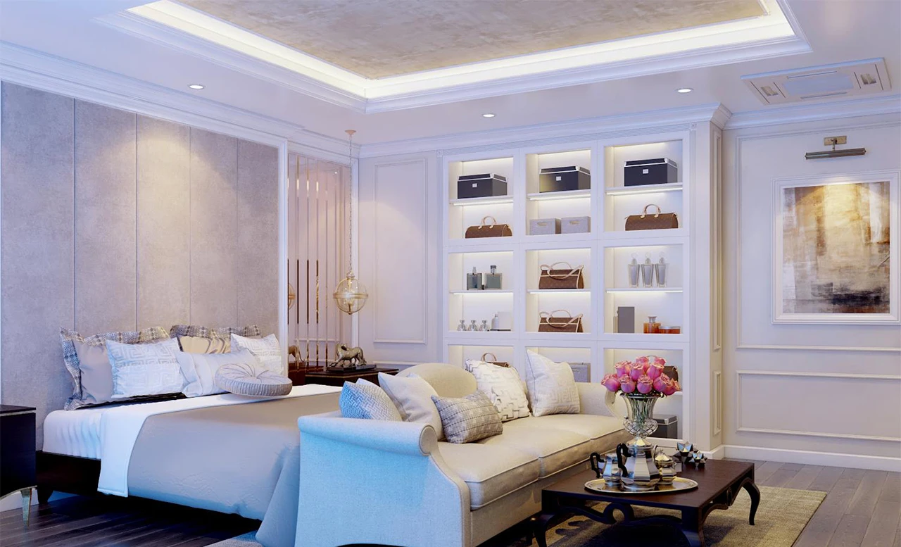 Phòng ngủ sang trọng với nội thất hiện đại và kệ trưng bày tinh tế
