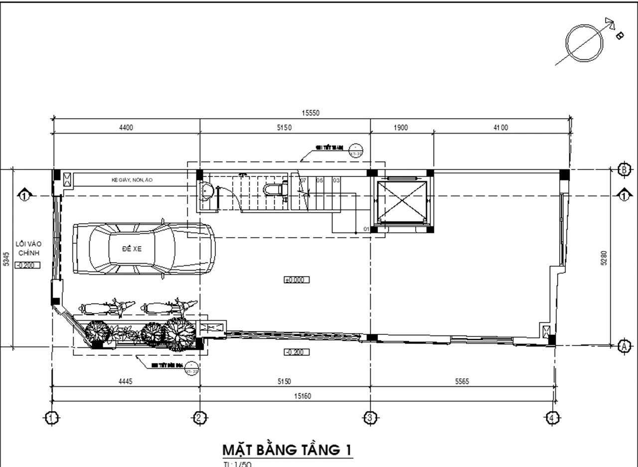 Bản vẽ mặt bằng tầng 1 công trình xây dựng