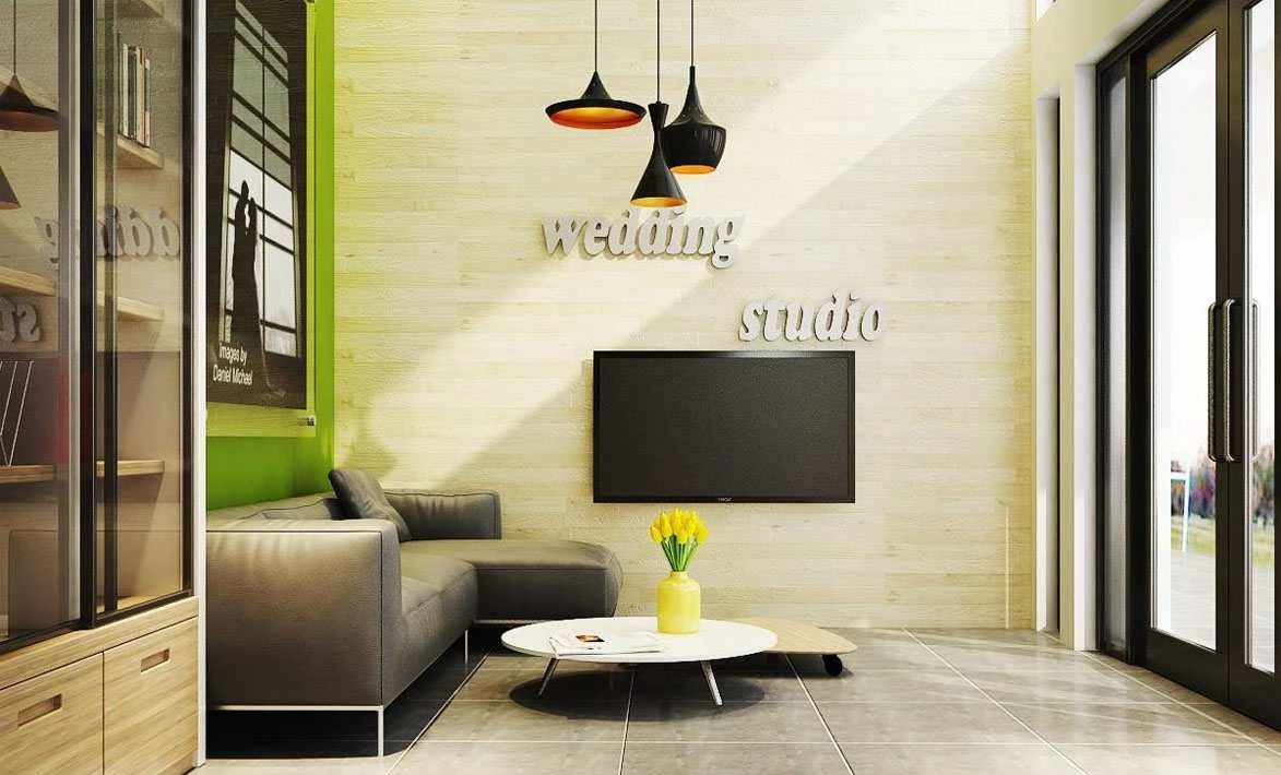 Nội thất phòng khách hiện đại với sofa, TV và hoa trang trí