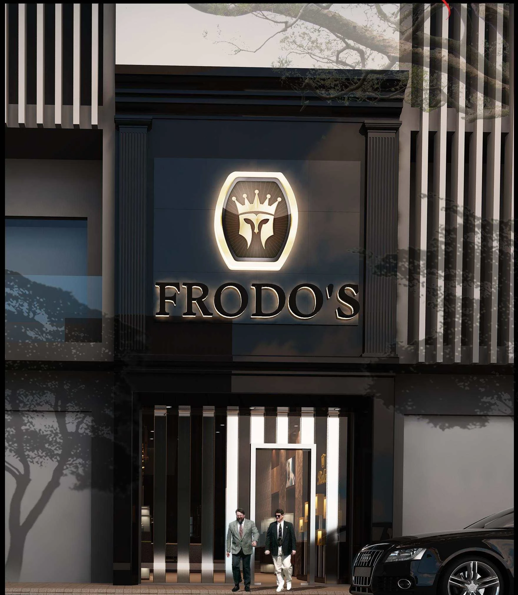 Frodo's showroom entrance with luxury branding and visitors.