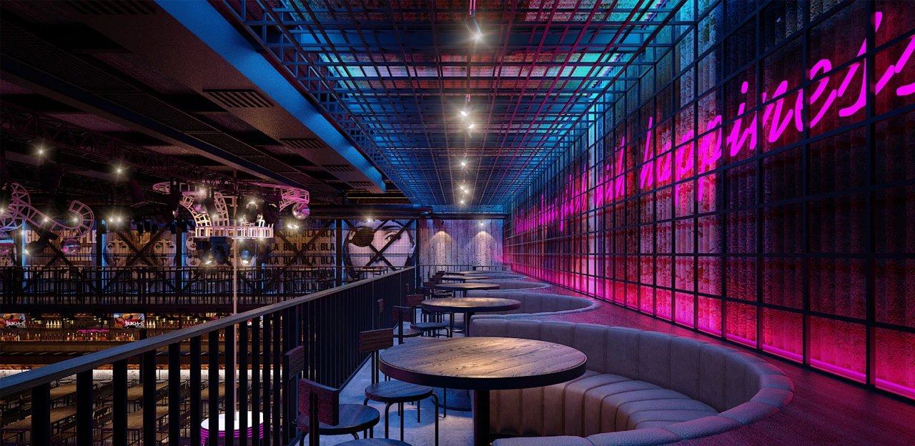 Không gian quán bar hiện đại với ánh sáng neon