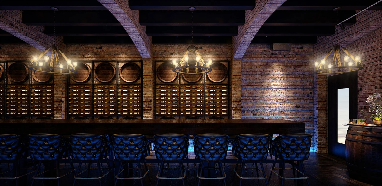 Nội thất bar sang trọng với tường gạch và ghế bọc da xanh