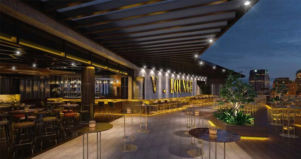V. Lounge rooftop bar with modern interior design and city view