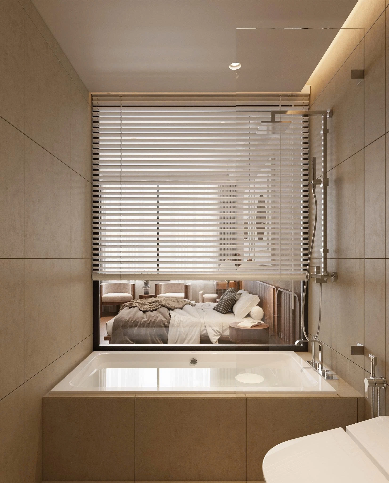 Phòng tắm hiện đại với bồn tắm view phòng ngủ