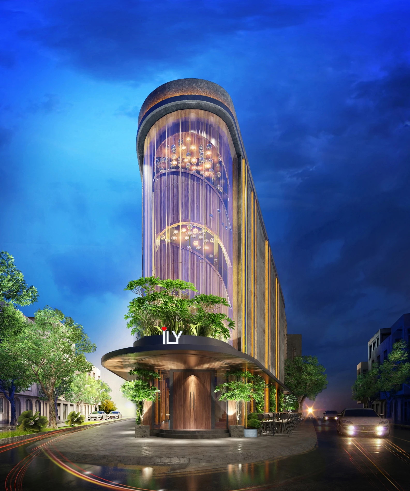 3D phối cảnh tòa nhà hiện đại với ánh sáng lung linh