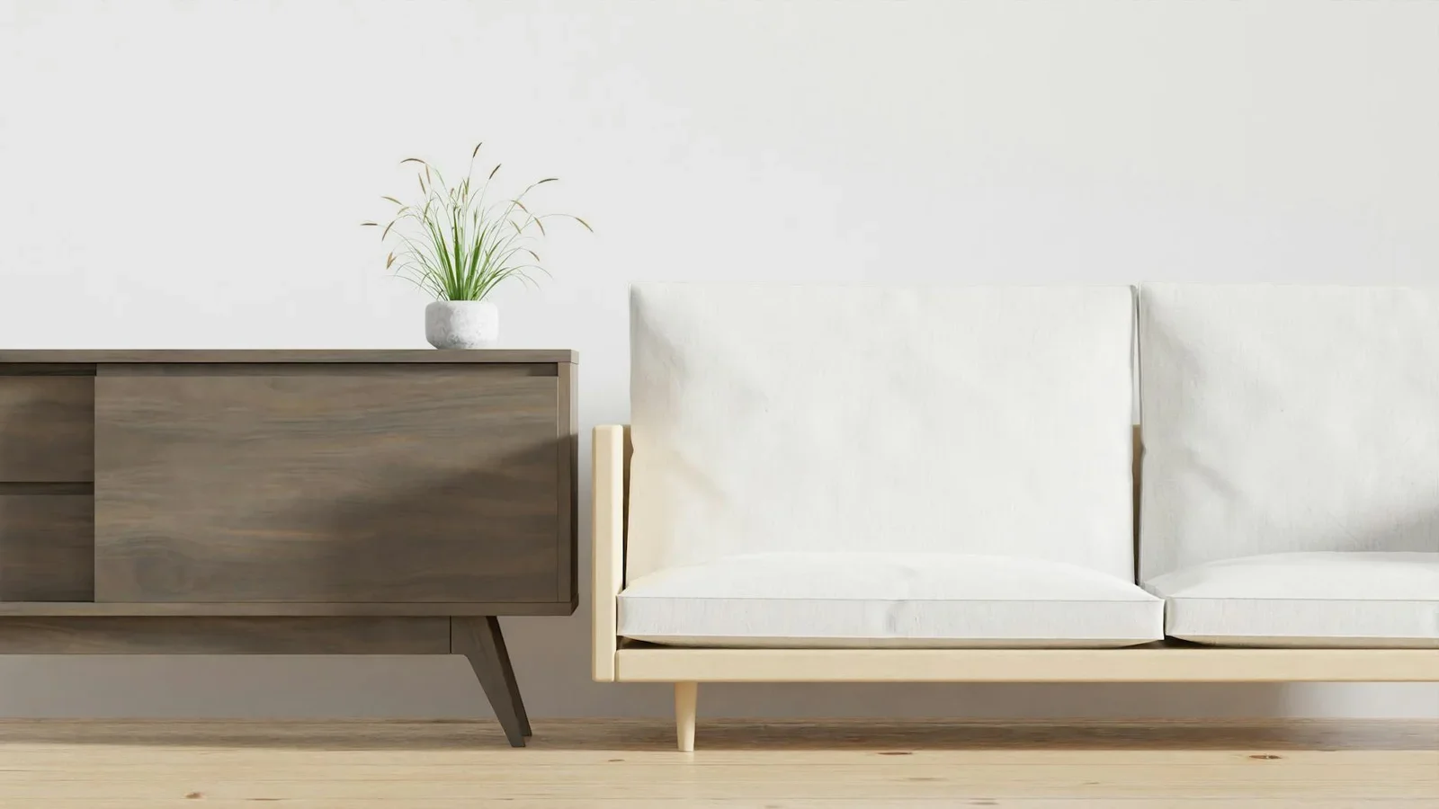 A minimalist living room features a chic wooden console with | Thiết kế nội thất 24
