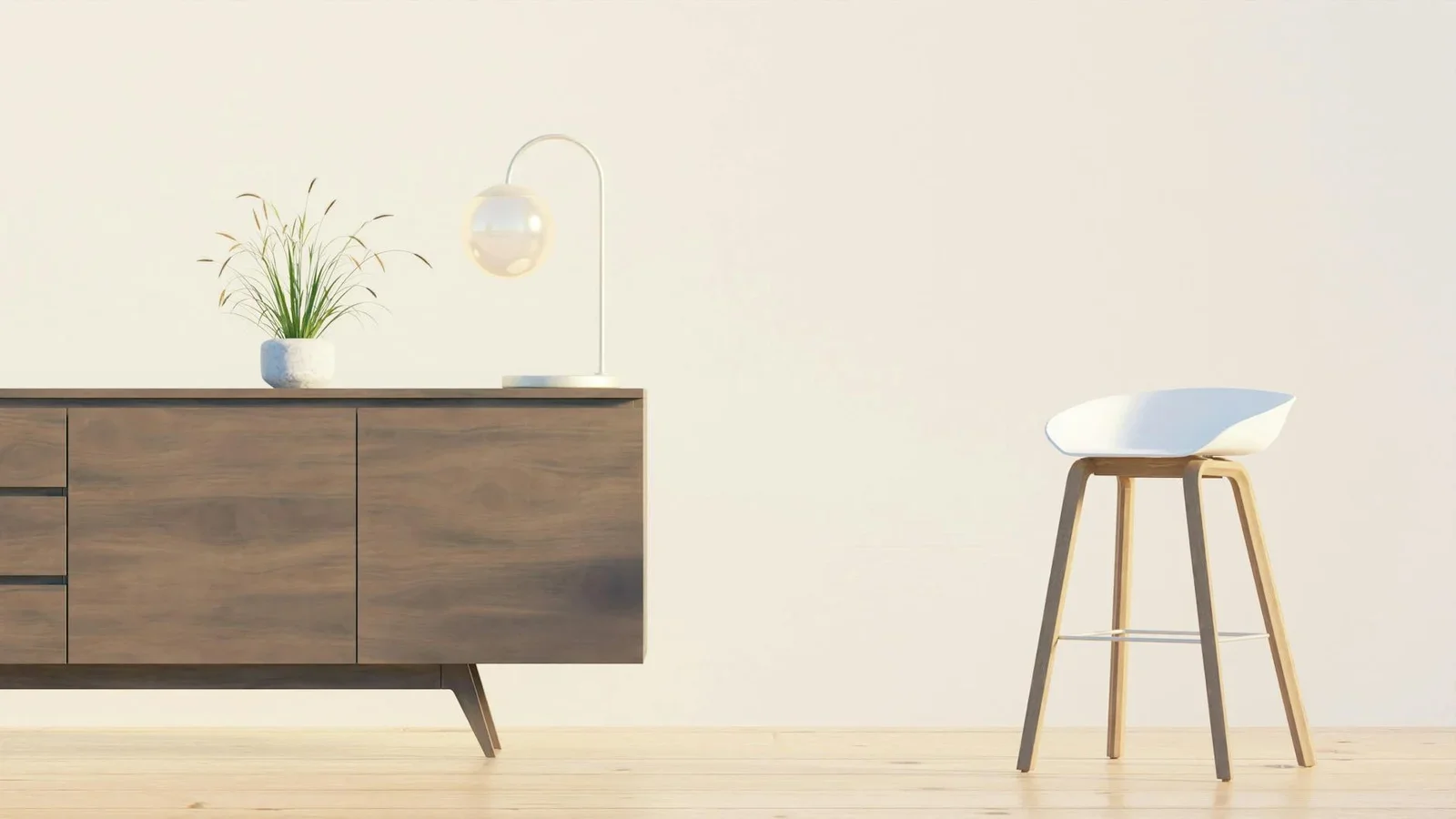 Modern minimalist interior featuring a wooden sideboard, cha | Thiết kế nội thất 24