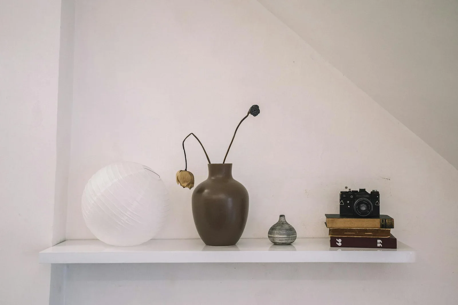 A minimalist white shelf featuring a vintage camera, dried f | Thiết kế nội thất 24