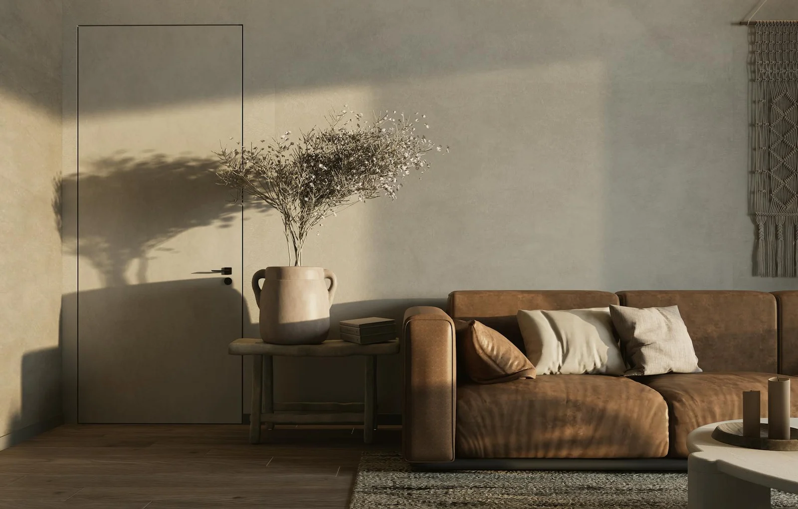 Không gian phòng khách ấm áp tối giản với sofa nâu trầm cùng phụ kiện trang nhã, tôn vinh nét đẹp mộc mạc. | Thiết kế nội thất 24