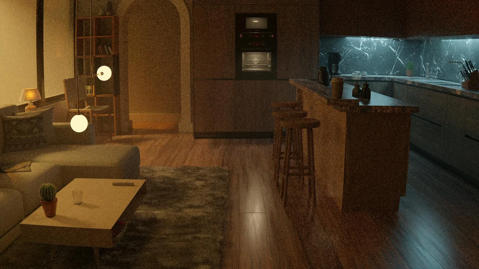 A warm, cozy living room and kitchen interior with modern li | Thiết kế nội thất 24