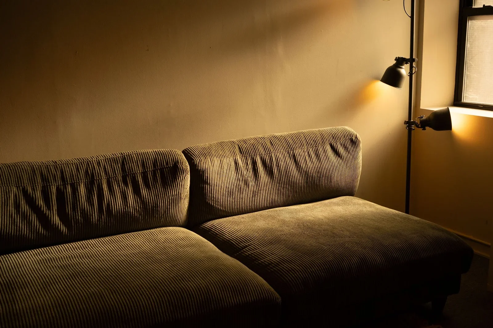 A corduroy sofa in a dimly lit room with a warm and inviting | Thiết kế nội thất 24