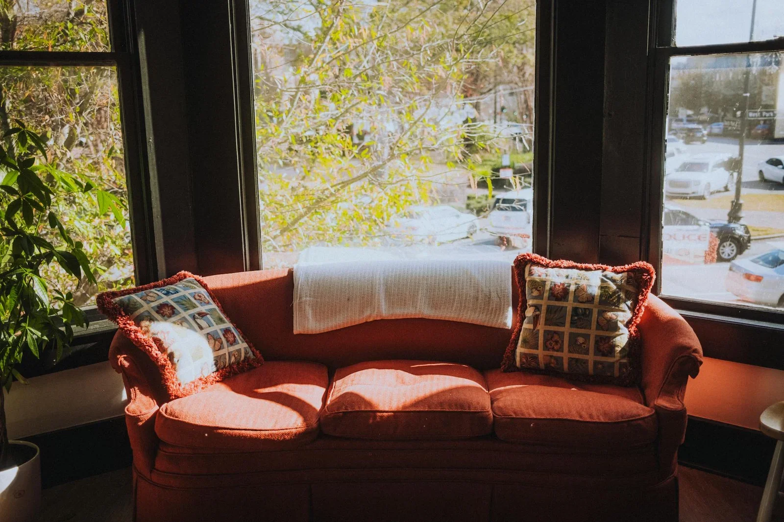 Ghế sofa đỏ nổi bật bên khung cửa lớn ngập nắng, kiến tạo phòng khách ấm cúng, lý tưởng cho phút giây thư giãn. | Thiết kế nội thất 24