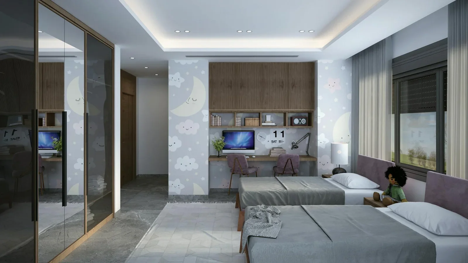 Stylish hotel bedroom with twin beds, modern decor, and work | Thiết kế nội thất 24