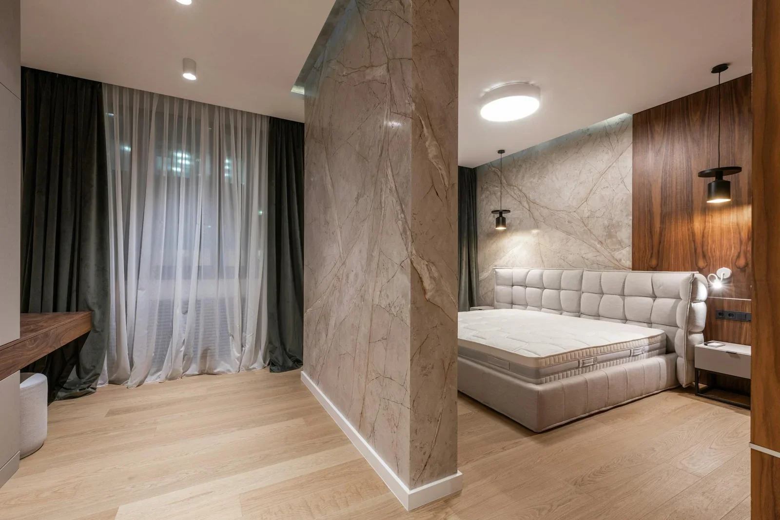Interior of modern bright bedroom with bed and bedside table | Thiết kế nội thất 24