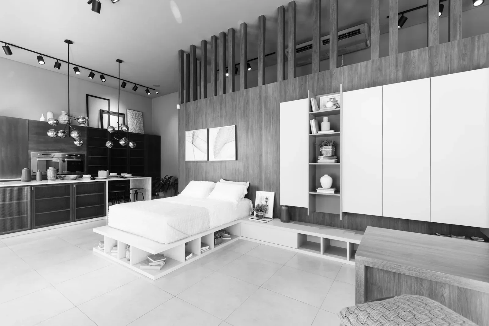 Bức ảnh đơn sắc tôn vinh phòng ngủ tối giản với nội thất tinh gọn, đường nét dứt khoát và ánh sáng nghệ thuật. | Thiết kế nội thất 24