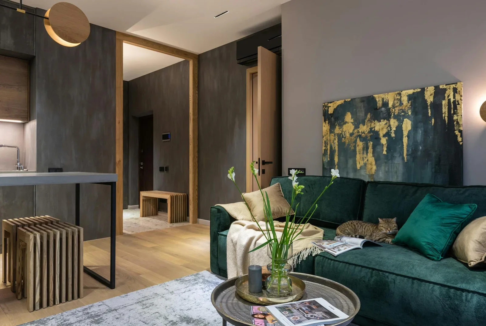 Phòng khách cá tính với sofa nhung xanh nổi bật, tranh trừu tượng nghệ thuật và góc thư giãn lý tưởng cho thú cưng. | Thiết kế nội thất 24