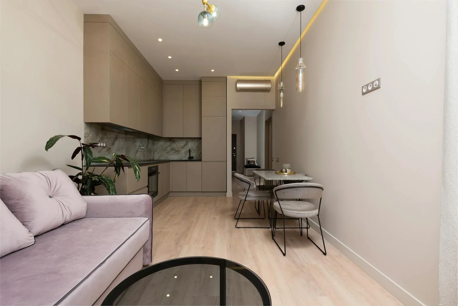 Thiết kế liên thông phòng khách và bếp hiện đại, sofa êm ái kề bàn ăn gọn gàng, điểm xuyết cây xanh tạo sức sống. | Thiết kế nội thất 24