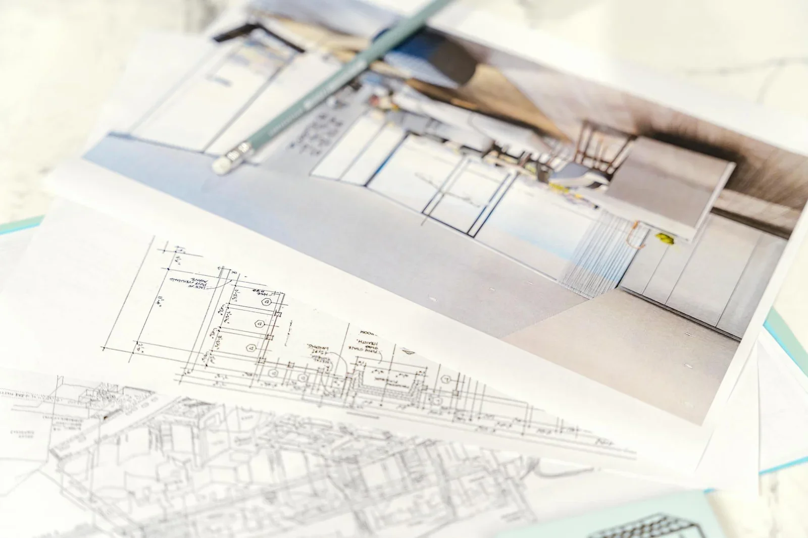 Bản vẽ kỹ thuật và phối cảnh 3D trên bàn làm việc, bước đầu kiến tạo không gian nhà ống hiện đại và tối ưu. | Thiết kế nội thất 24