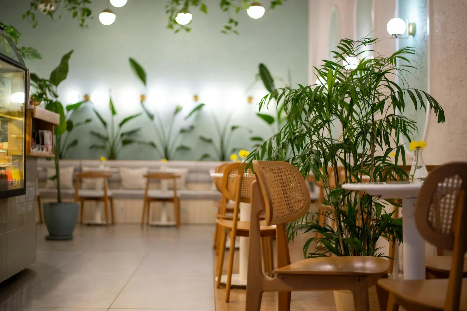 Không gian quán cafe yên bình với bàn ghế gỗ mộc mạc cùng mảng xanh tươi mát, mang lại trải nghiệm thư thái cho thực khách. | Thiết kế nội thất 24