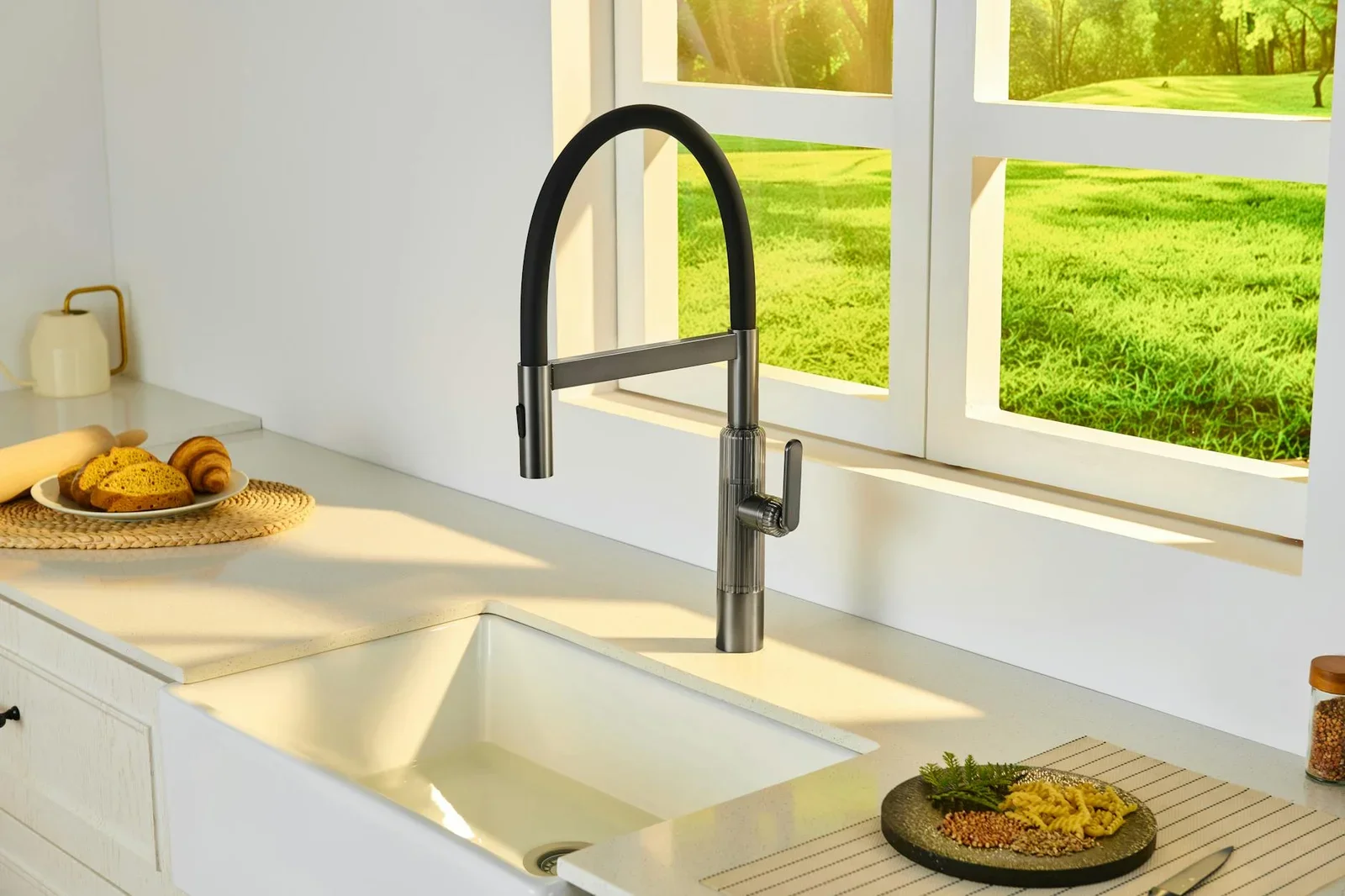 Góc rửa bếp thoáng đãng với vòi nước hiện đại, bồn rửa rộng rãi và khung cửa sổ lớn đón trọn ánh sáng tự nhiên. | Thiết kế nội thất 24