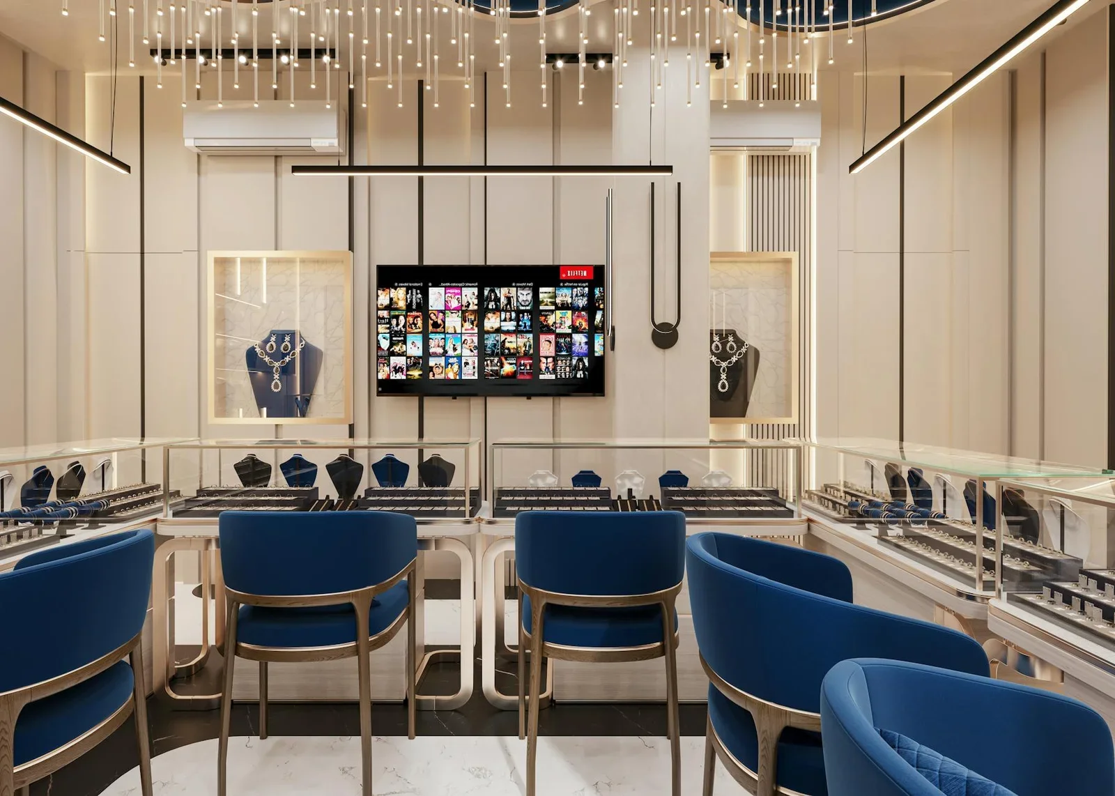 Showroom trang sức tối ưu công năng, khu tư vấn ghế xanh thoải mái cùng ánh sáng dịu nhẹ tạo cảm giác thư giãn. | Thiết kế nội thất 24
